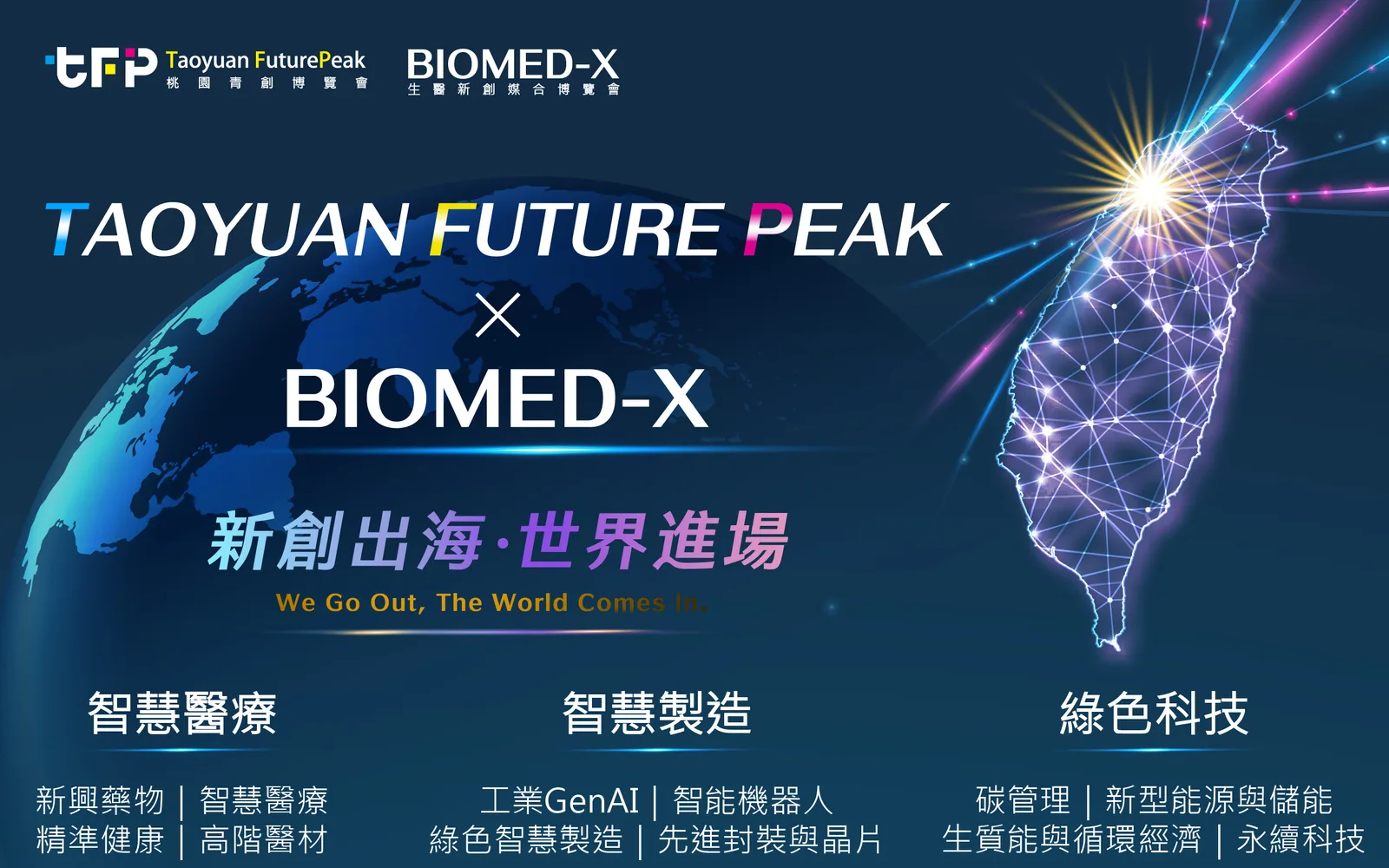 2026 Taoyuan Future Peak 桃園青創博覽會 × BIOMED-X 生醫新創媒合博覽會主視覺,主題為「新創出海・世界進場」