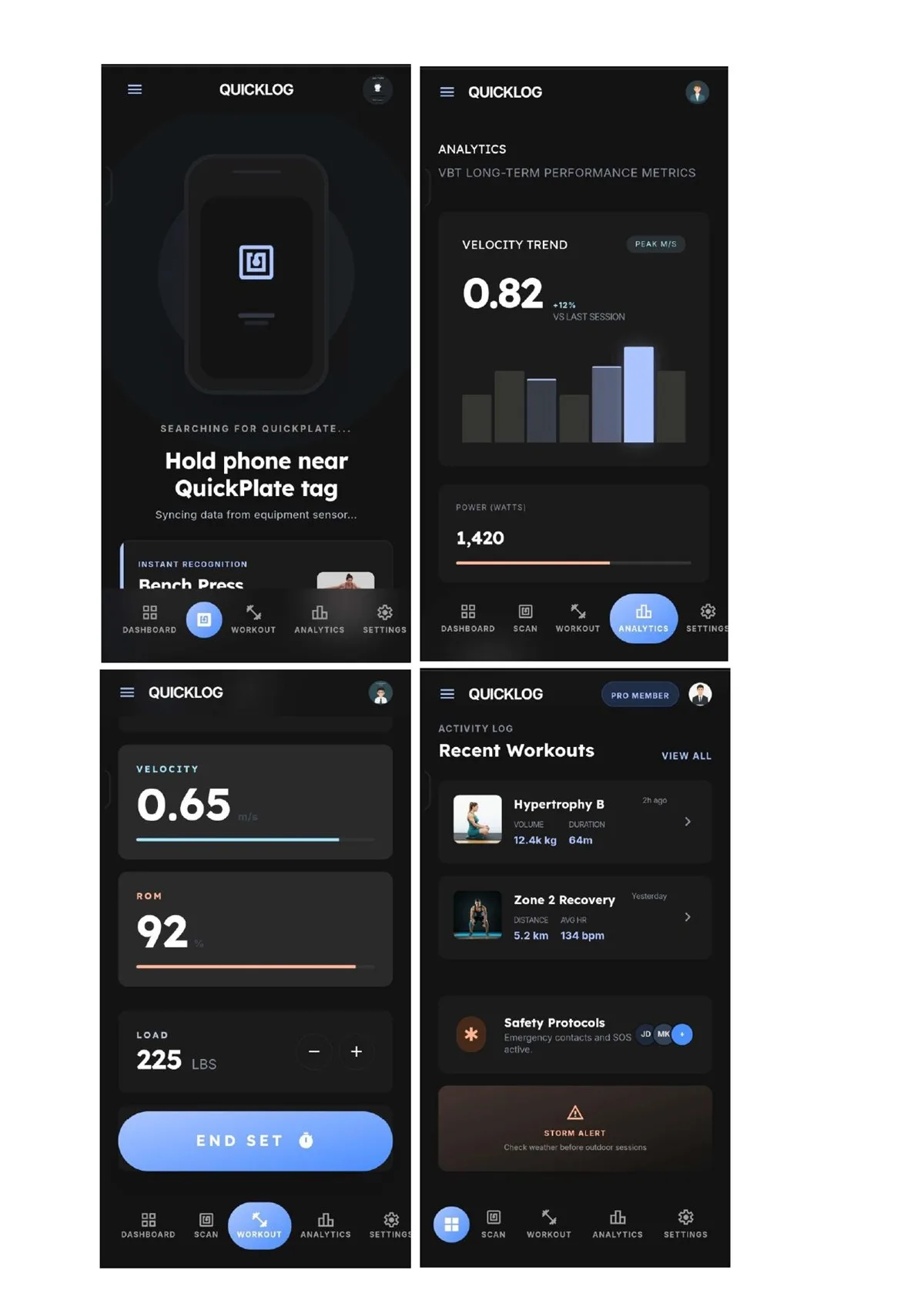QuickLog App 介面設計四頁總覽:NFC 掃描、VBT 分析、訓練組數、活動紀錄